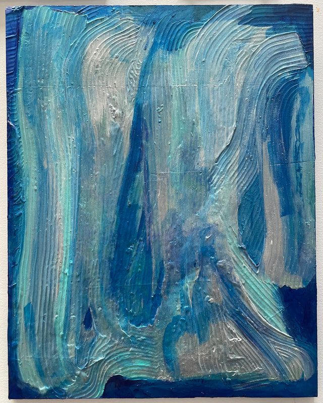Wallowa Lake is an abstract painting comprised of very textured acrylic paints in swirls of blues and silvers on a deep background of dark blue.