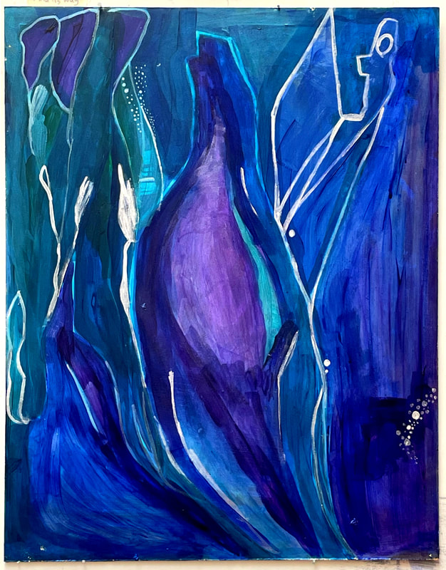 "The Earth Will Find It's Way - an abstract painting in blues, purples and greens with silvery white lines flowing throughout.